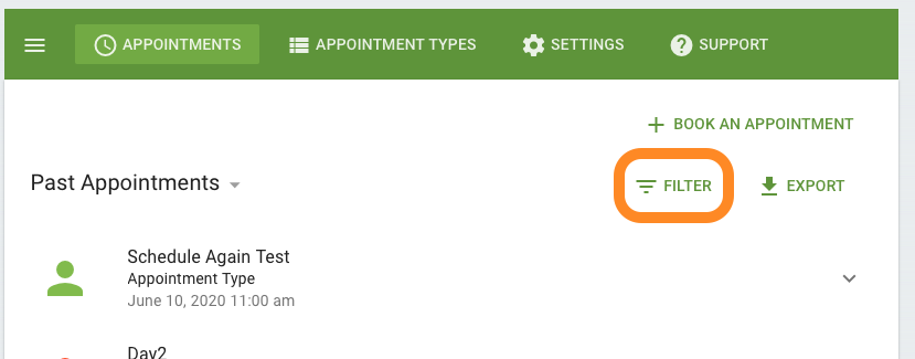 Filter option highlighted in the Appointments Tab