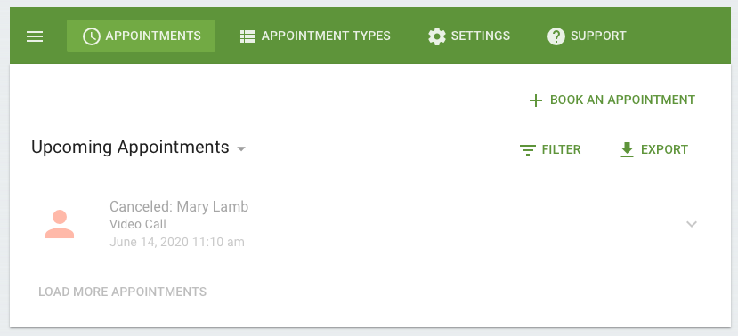 Canceled appointment listing shown with the Canceled tag and faded entry box in the Appointments tab