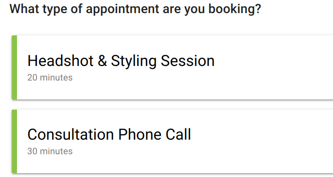 Screen shot of appointment types that can be selected