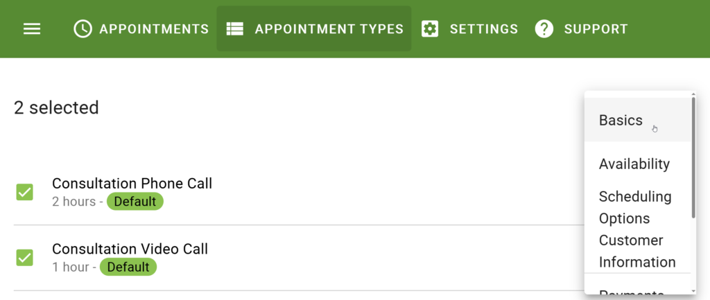 Choosing a settings tab to edit for the appointment types selected.