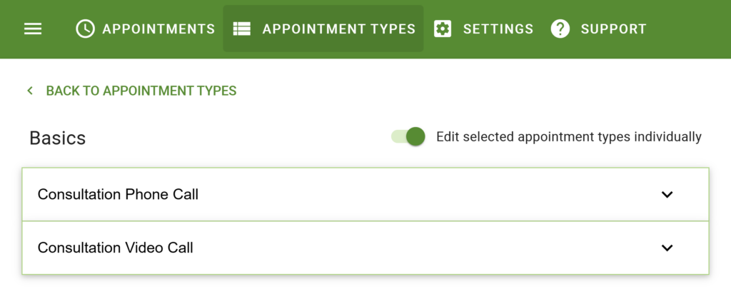 Toggling the Edit selected appointment types individually button to switch between editing all appointment types at once or individually.