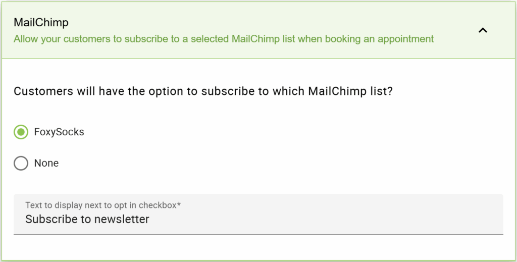 The screenshot displays selecting an audience list and customizing the opt-in message for MailChimp