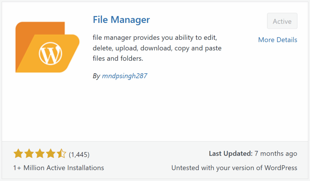 Screenshot depicting the File Manager plugin activation