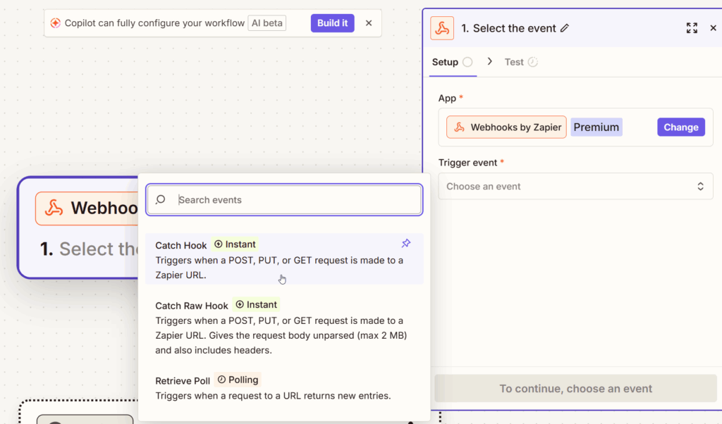 Screenshot depicting Catch Hook Option selected as the trigger event.