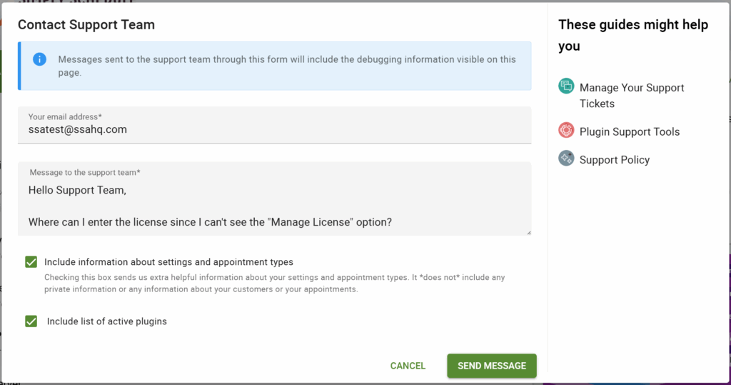 An example of the Contact Support Team Popup Window being filled out.