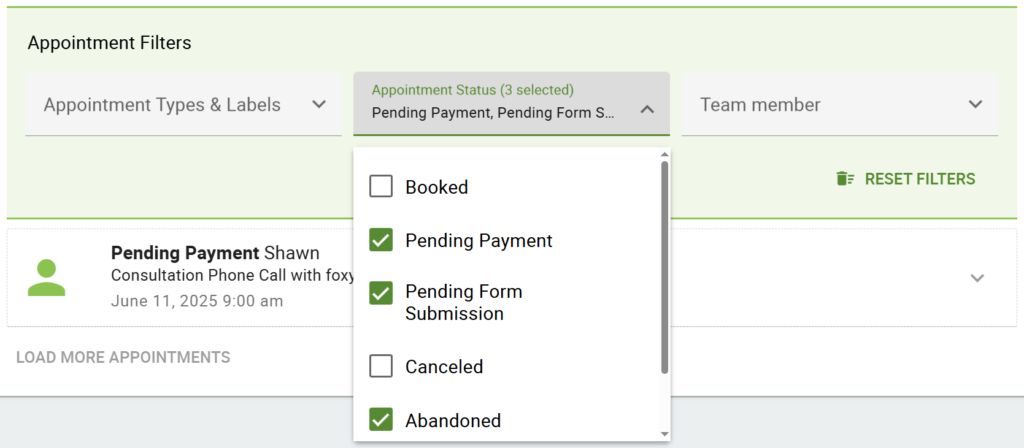 Screenshot depicting the various booking statuses that can be used in the Filter when you need to manage payments.