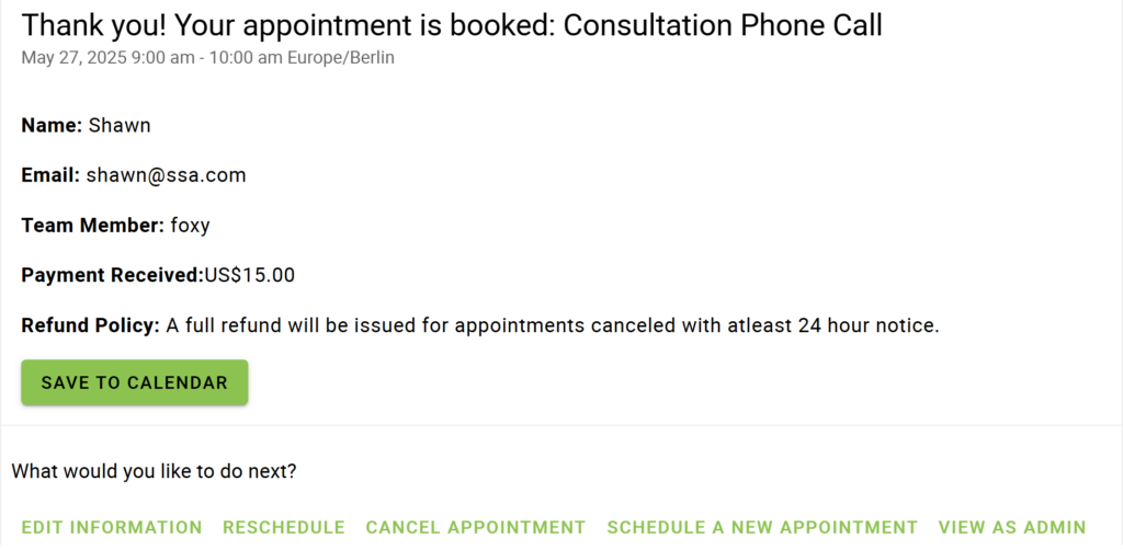 Confirmation details after booking a paid appointment.
