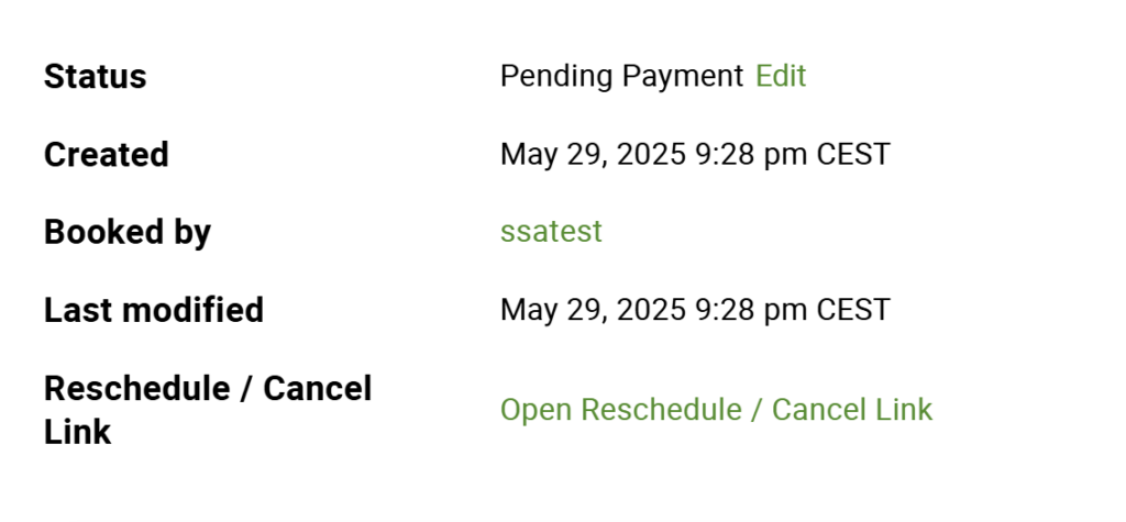 Screen shot of the payment details for a pending appointment