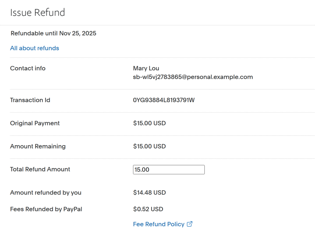 The screenshot displays the Refund Issuance page.,