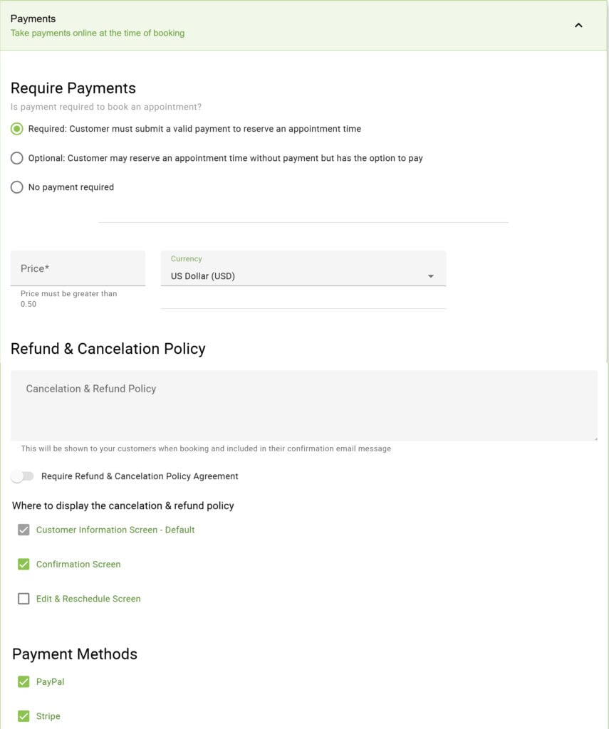Screenshot depicting the Payments settings in the appointment type.