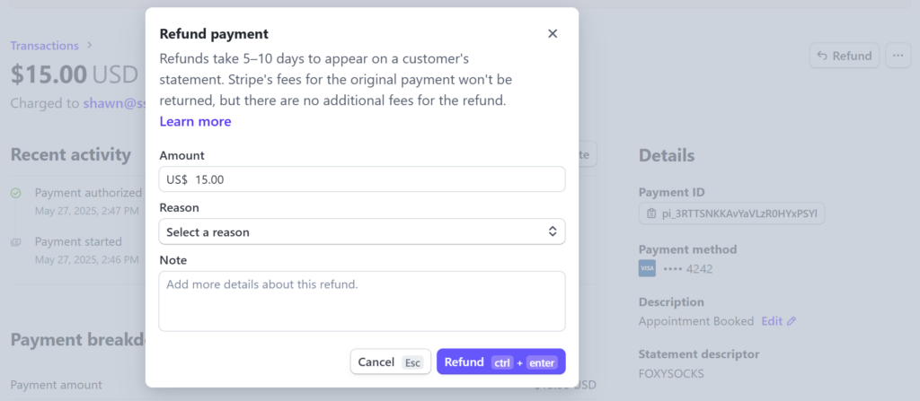 The refund screen on the Stripe account