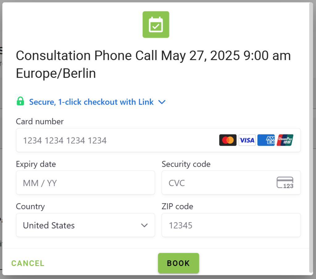 Screen shot of the stripe payment modal