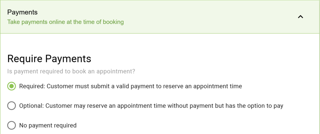 Screen shot of the options for payment on an appointment type