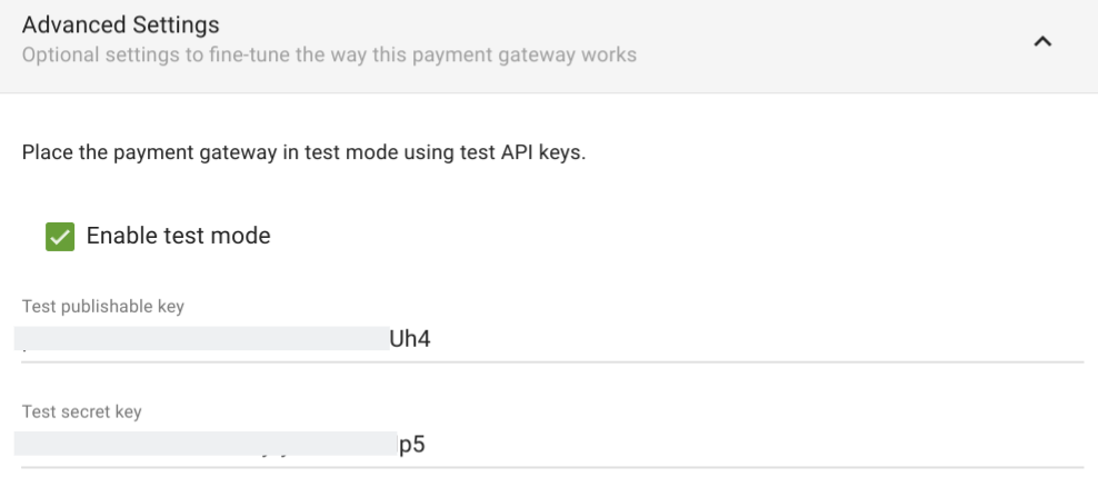 Screen shot of the test mode settings for Stripe