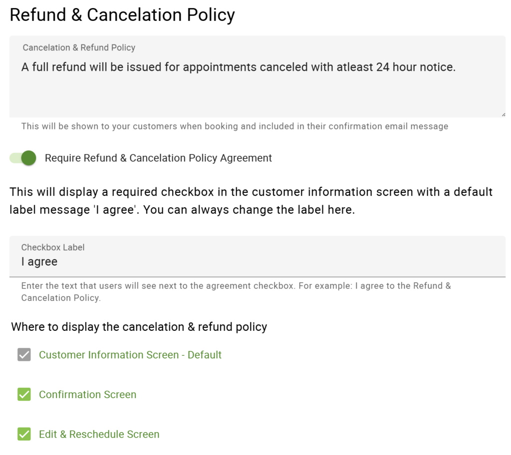 Refund & Cancelation Policy options are displayed in the screenshot.