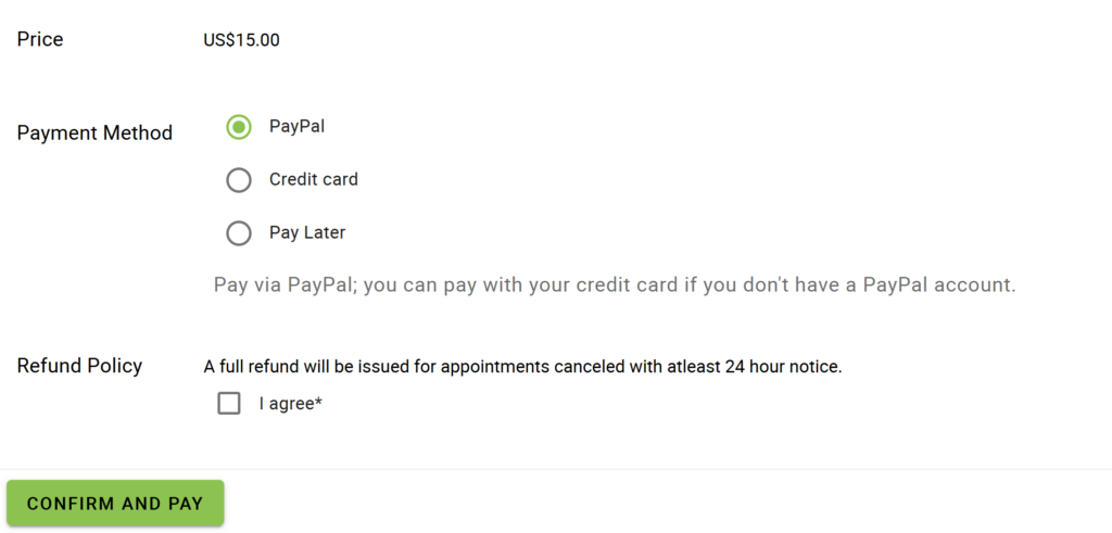 Screen shot of the booking form showing payment options