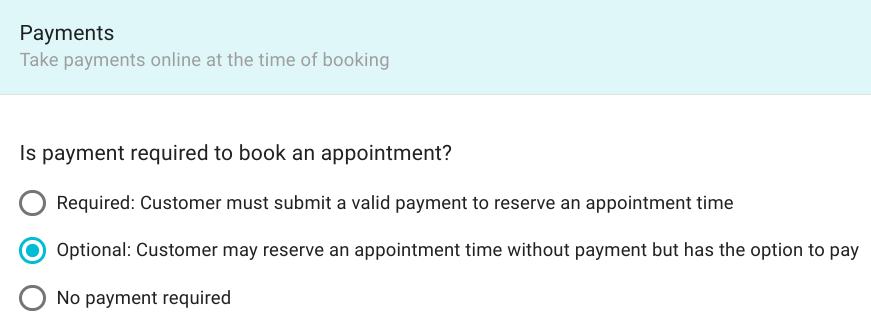 Screen shot of the options for payment on an appointment type