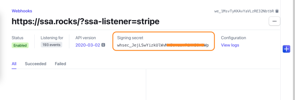 Locate the Webhook Signing Secret under the Webhooks URL, next to the API version.
