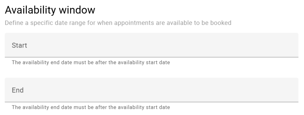 Screen shot of the Availability Window settings