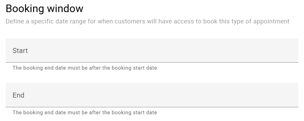 Screen shot of the booking window fields