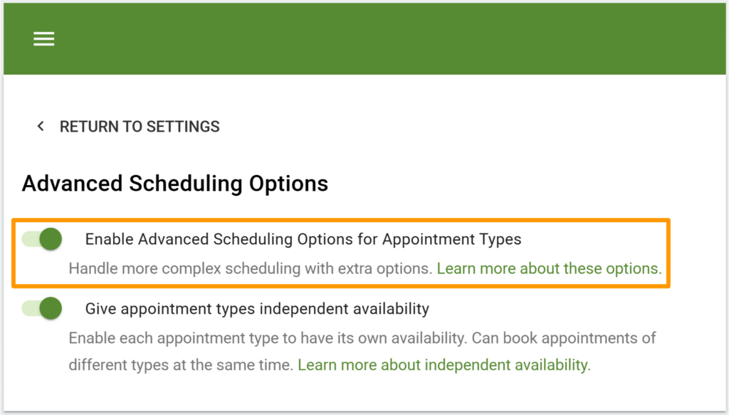 Screenshot shows an enabled Advanced Scheduling Options.