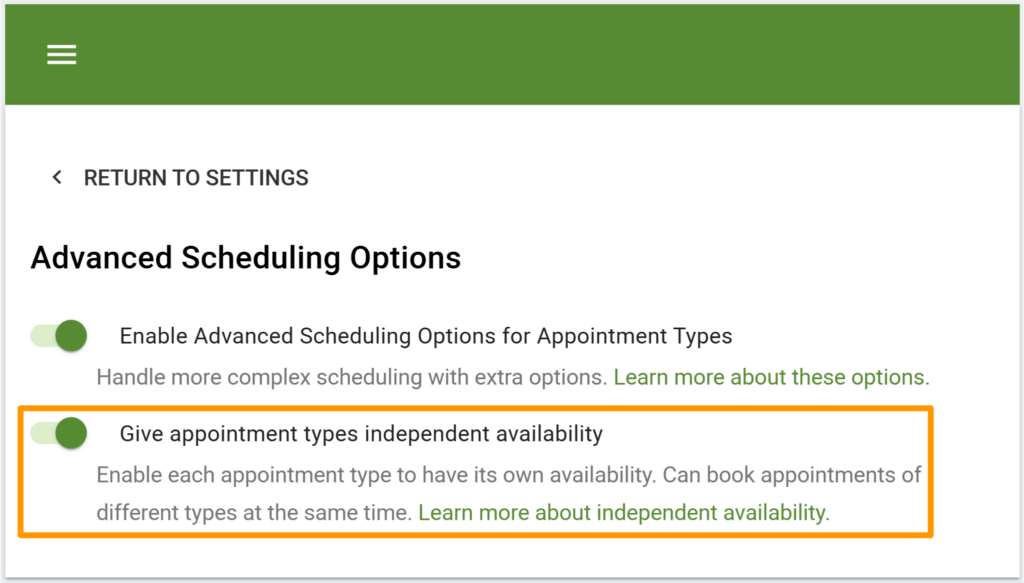 Screenshot shows an enabled Independent Availability.