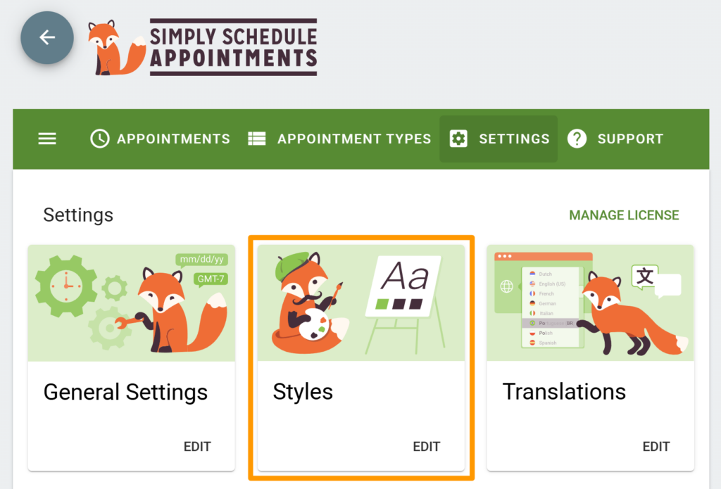 Style setting card depicted in the Settings of the Appointments admin area plugin.