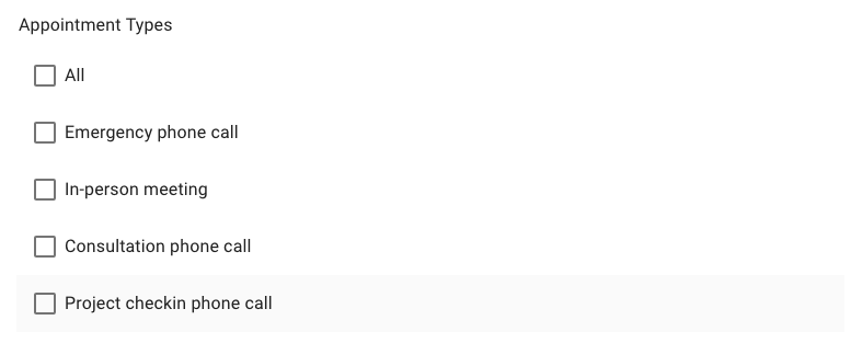 Screenshot showing the appointment types to be selected for a notification