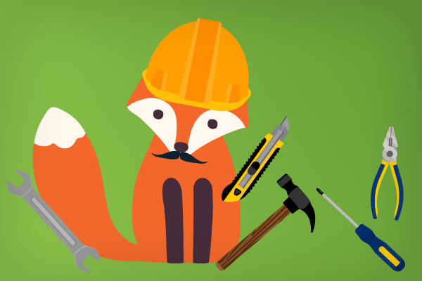 Foxy in a hard hat with lots of tools - he's a handy man (fox)