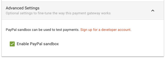 Screen shot of the PayPal advanced settings section