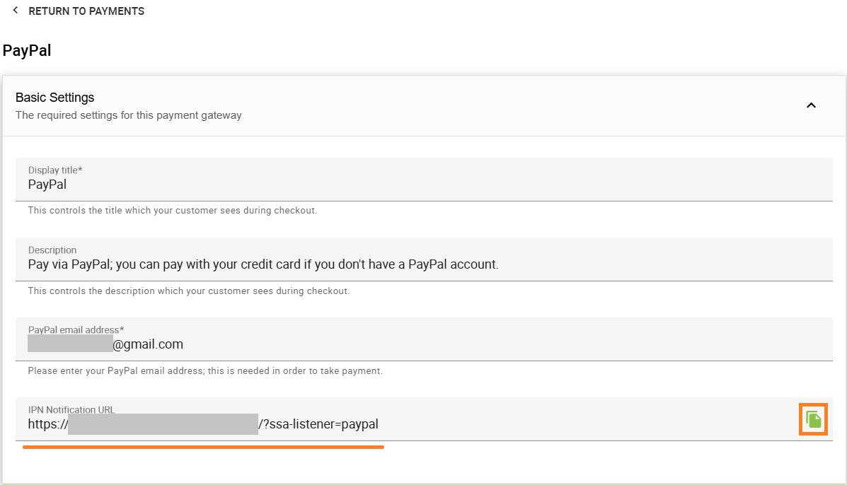 Obtaining the IPN notification URL by copying it.