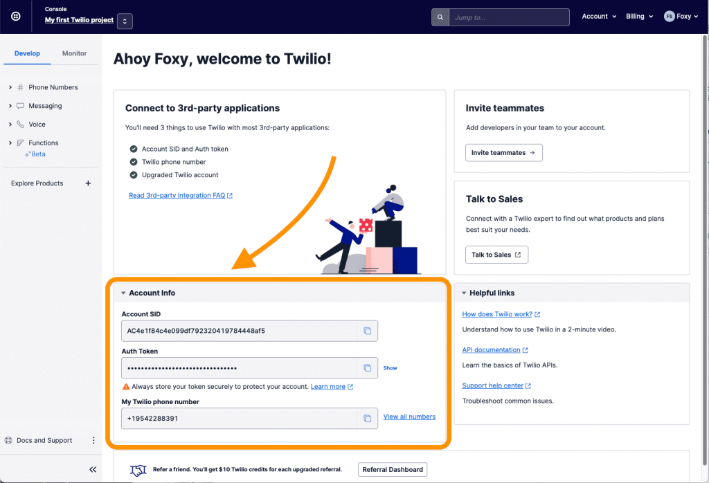 Screen shot of the Twilio dashboard indicating where to find the three pieces of information needed