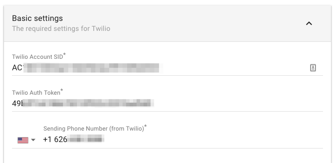 Screen shot of the Twilio settings