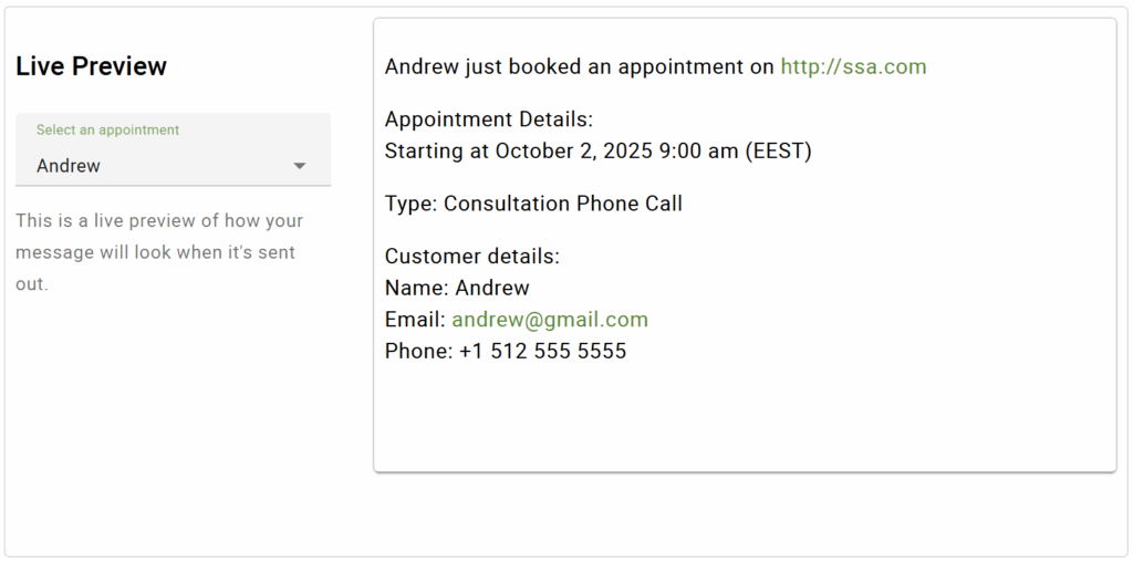 Live Preview of an email notification for Lauren's appointment and how it will look for the admin.