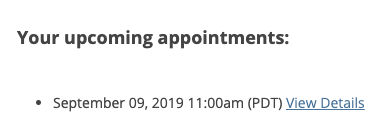 Screenshot of upcoming appointment list