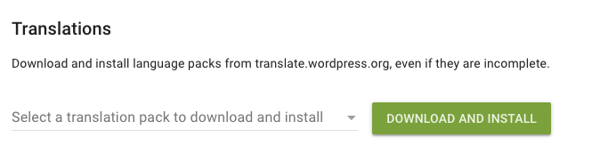 The Translations dropdown field where you can select the language pack you'd like to download and install