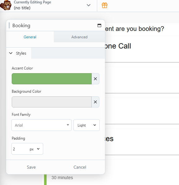 The Booking form module settings with the Styles tab, accent color, background color, font family, and padding are customizable.