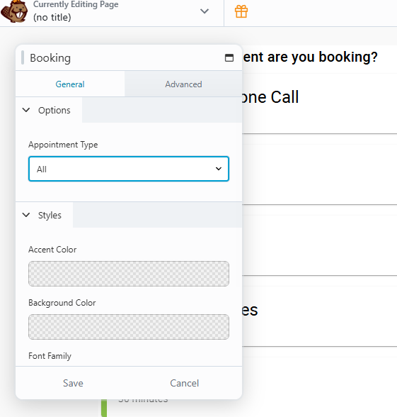 Booking form module settings with appointment type dropdown.