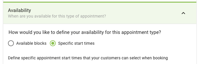 Screen shot of the new availability type setting for an appointment type