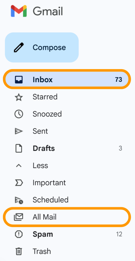 Screenshot depicting how to navigate to your Inbox > All Mail.