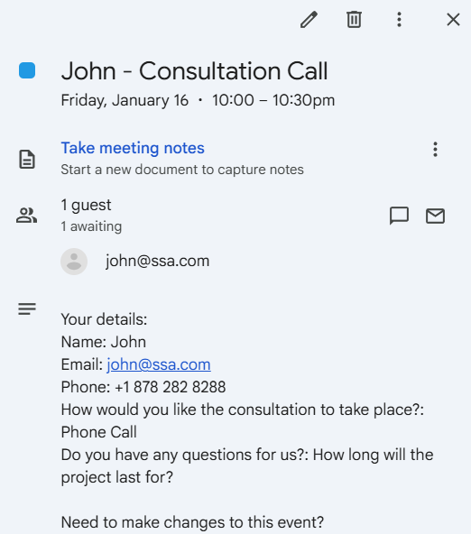 Screenshot depicting a Google Calendar Event
