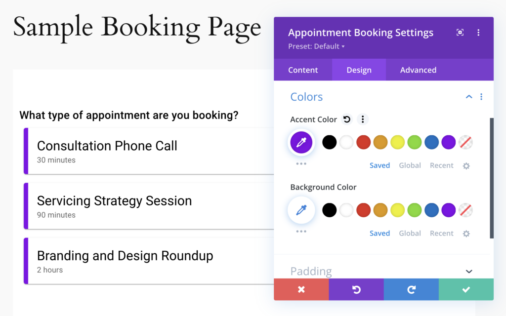 Divi Appointment Booking Module Design Settings including Accent Color and Background Color options.