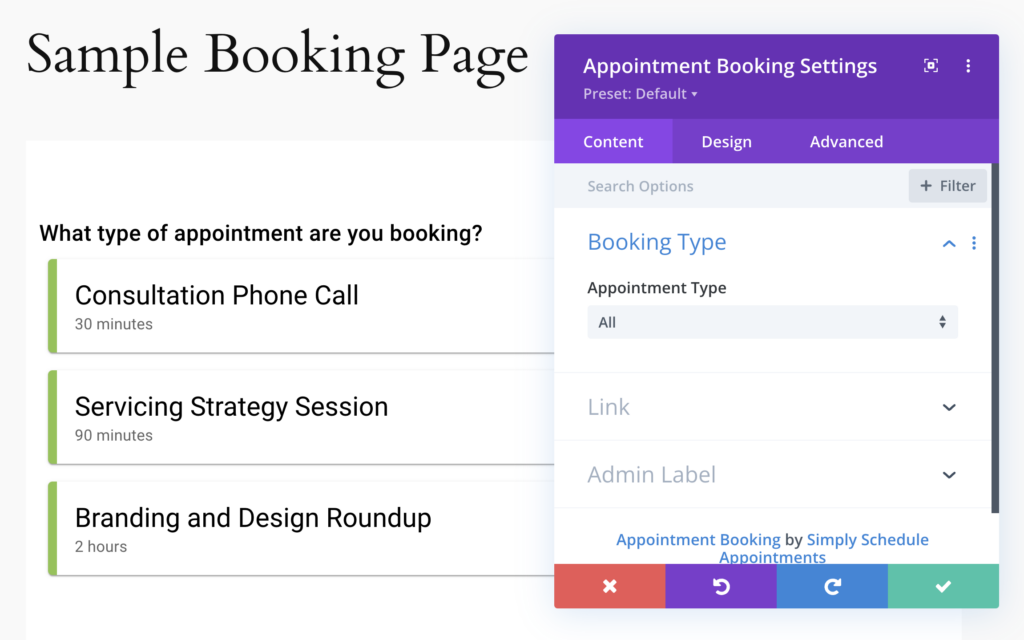 Divi Appointment Booking Settings Module in the Visual Builder interface.