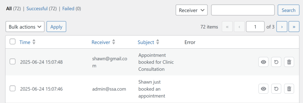 Screenshot depicting an example of emails sent without any email delivery issues.