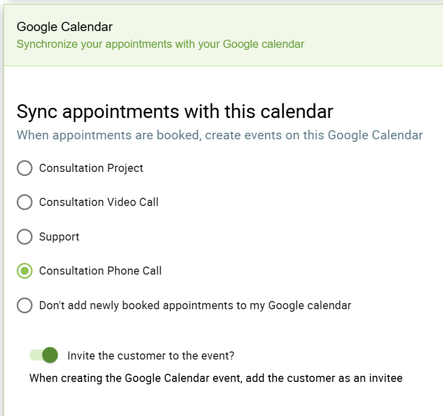 Screenshot depicting the list of calendars in the Appointment Type.