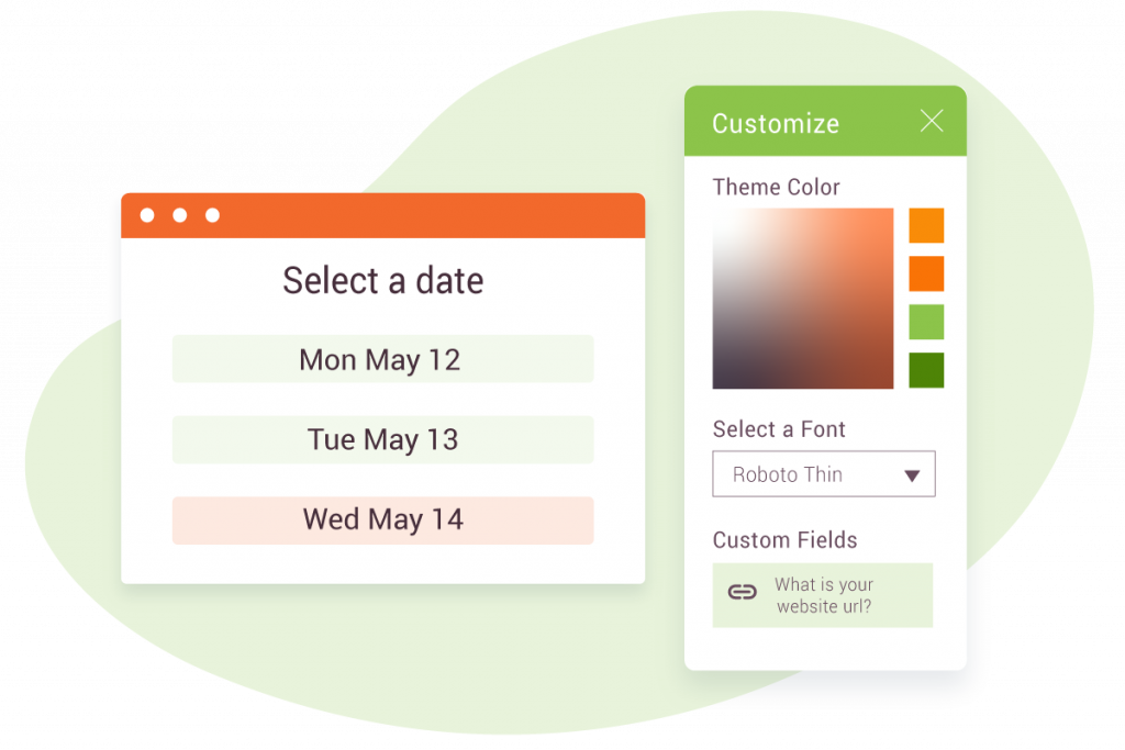 Illustration showing the simplified customization options for Simply Schedule Appointments including the accent color, font, and custom field settings.