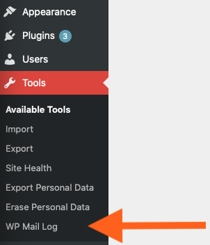 Screenshot depicting where to find WP Mail Log, under Dashboard > Tools.