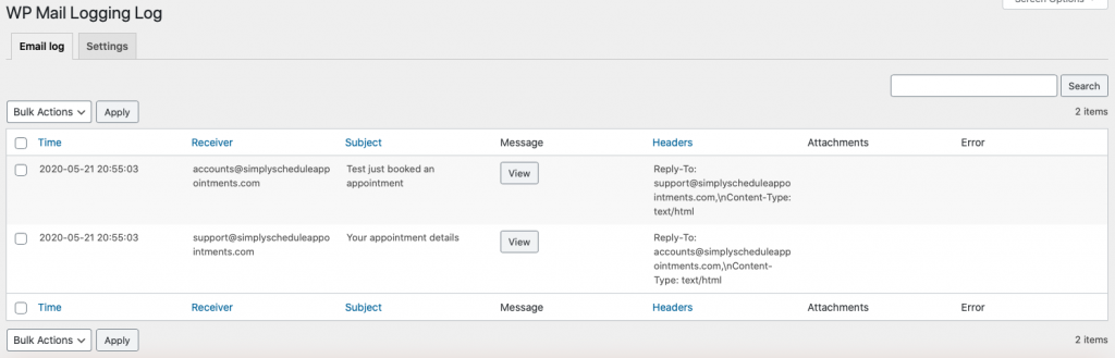 Screenshot depicting an example of emails sent without any email delivery issues.