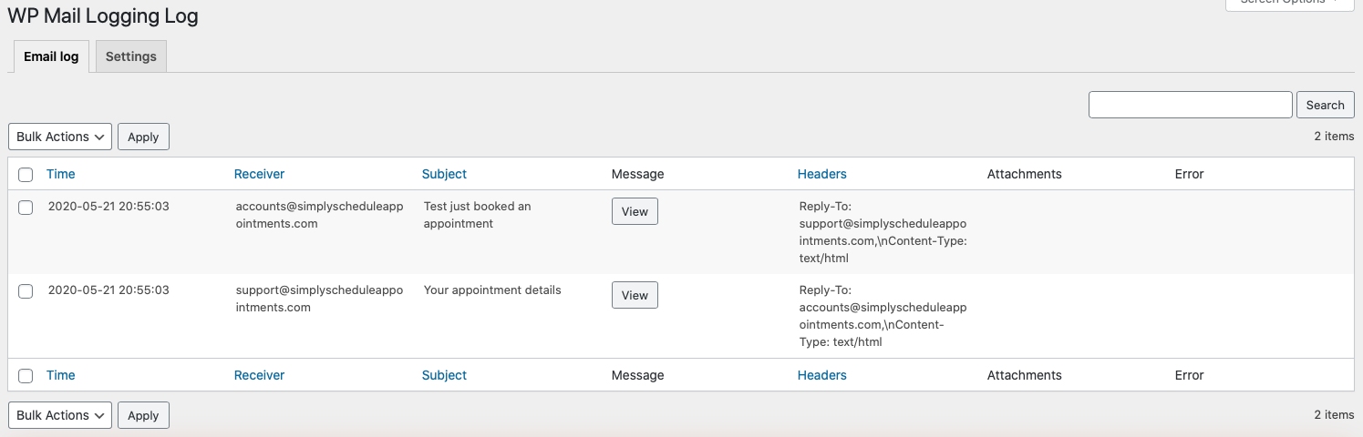 WP Mail Logging Log showing the two emails sent from SSA for an appointment.