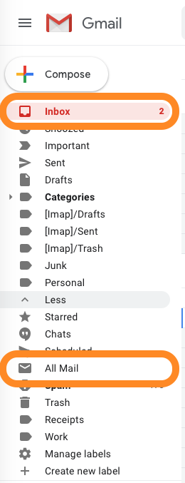 Screenshot depicting how to navigate to your Inbox > All Mail.